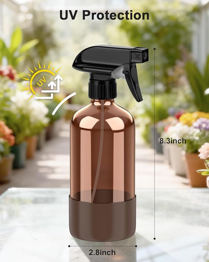 Bontip Amber Glass Spray Bottle with Silicone Sleeve Protection, 16 oz Refillable Spray Bottles for Cleaning Solutions, Plants, Aromatherapy, Facial Hydration (3, Brown, 16 oz)