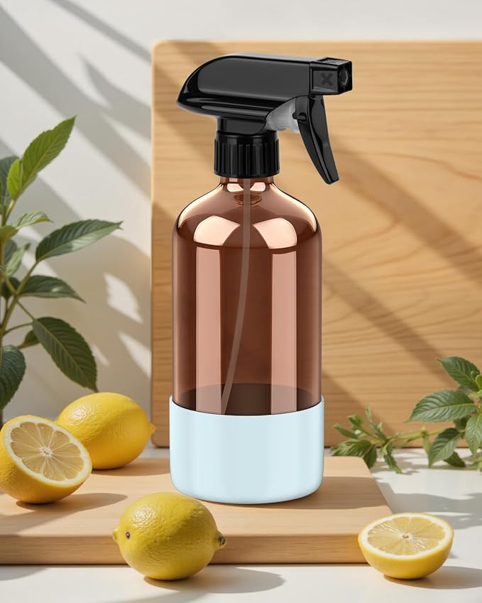 Bontip Amber Glass Spray Bottle with Silicone Sleeve Protection, 16 oz Refillable Spray Bottles for Cleaning Solutions, Plants, Aromatherapy, Facial Hydration (3, Black & Brown & Blue, 16 oz)