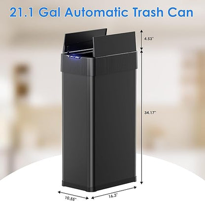 TLSUNNY 21.1 Gallon Automatic Trash Can, Stainless Steel Motion Sensor Garbage bin, Smart Trash Can W/Butterfly Lid, Bag Retainer Ring and Display Light for Living Room,Kitchen,Office (Black, 80L)