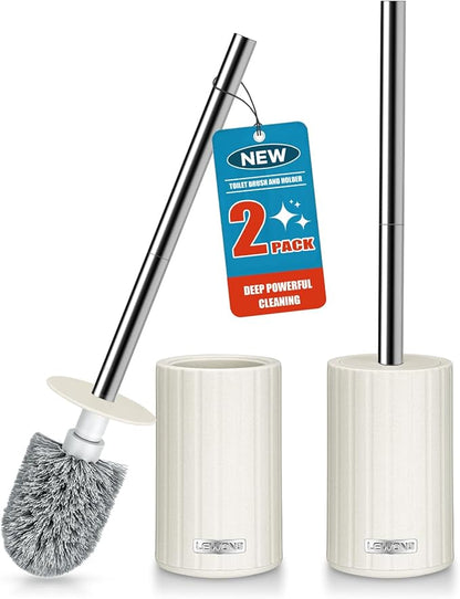 2 Pack Toilet Bowl Brush and Holder, Durable Toilet Scrubber Bristles, Long Stainless Steel Handle, Ceramic Texture Toilet Brush and Holder Set, Deep Cleaning Toilet Brush for Bathroom, Cream