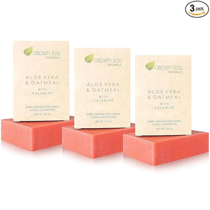 Aloe Vera & Oatmeal Soap Bar with Calamine, Natural & Organic Ingredients - Organic Aloe Vera & Colloidal Oats. Face & Body - for Men, Women & Teens. Gentle Body Wash. 4.5 oz Bar (Pack of 3)