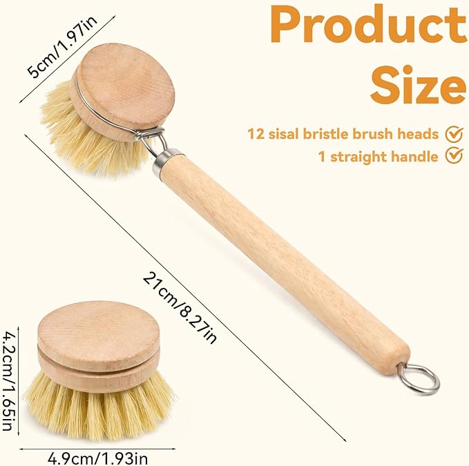 12pcs Dish Brush with Wooden Handle Natural Kitchen Brush Washing Scrubber Kitchen Dishwashing Washing Up Brushes Heads Bristle Brushes Refills for Sinks Cleaning Cast Iron Pots Pans Vegetables