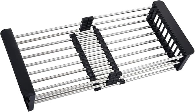 Sink Dish Drying Rack, Stainless Steel Drainer for 12.5"-20.5" Sinks, Kitchen Countertop Organizer for Dishes, Vegetables, and Fruits (Black & Large Size)