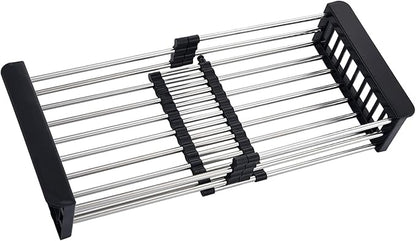 Sink Dish Drying Rack, Stainless Steel Drainer for 12.5"-20.5" Sinks, Kitchen Countertop Organizer for Dishes, Vegetables, and Fruits (Black & Large Size)