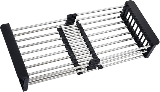 Sink Dish Drying Rack, Stainless Steel Drainer for 12.5"-20.5" Sinks, Kitchen Countertop Organizer for Dishes, Vegetables, and Fruits (Black & Large Size)