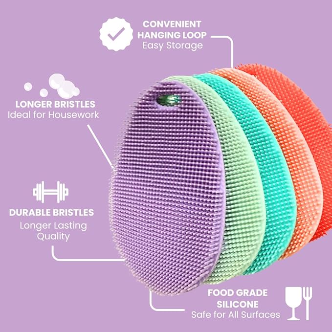 Silicone Sponge Dish Scrubber - Food Grade Silicone Dish Scrubber and Housecleaning - BPA Free Silicone Kitchen Scrubber [5 Pack Ovals Spring]