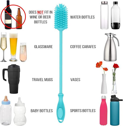 Kitchiny Silicone Bottle Brush with 2 Straw Cleaners - 12.5” Water Bottle Cleaner Brush for Yeti, Hydro Flask, Owala, Stanley, Baby Bottles, Glassware, Vases & Narrow Neck Containers - Blue