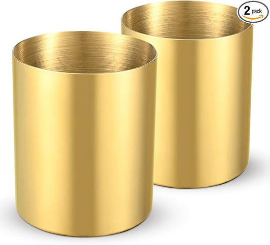 2 Packs Gold Round Stainless Steel Pen Holder,Pencil Cup Desktop Stationery Organizer,Vacuum Plating Makeup Brush Holder