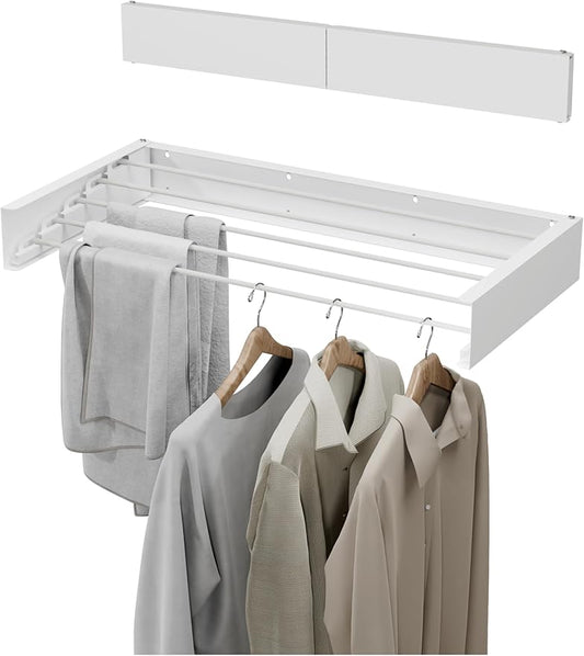 JOOM Laundry Drying Rack Collapsible, Wall Mounted Clothes Drying Rack, Retractable Drying Rack, 31.5" Wide, 5 Aluminum Rods, 60 lb Capacity (White 31.5")