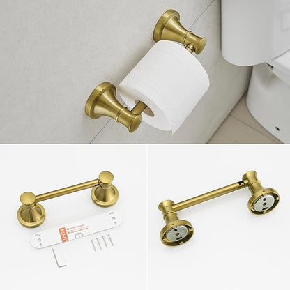 RUMOSE Toilet Paper Holder and Hand Towel Ring Brushed Gold Wall Mount Bathroom Hardware Accessories 2 PCS Set Flexible Pivoting Toilet Tissue Roll Holder and Towel Hanger, Stainless Steel