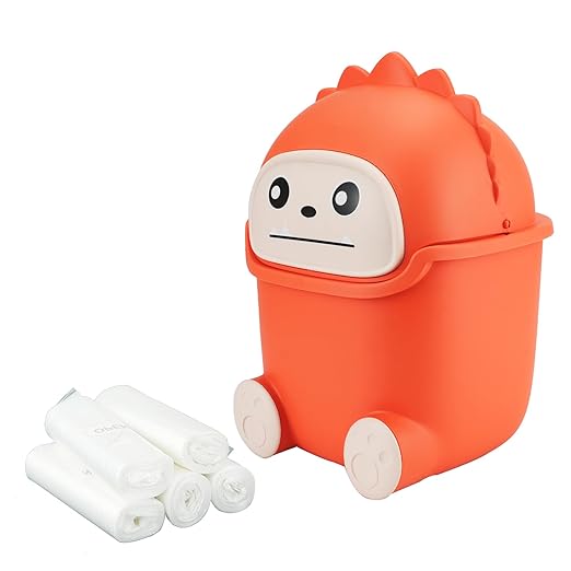 Mini Trash Can with Flip Lid, Cute Monster Desk Trash Garbage Can with 100 Trash Bags, Tiny Wastebasket Trash Can for Car, Home, Office, Kitchen, Tabletop, Bedroom, Bathroom (Orange)