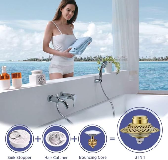 2 Pack Universal Bathtub Drain Stopper with Removable Hair Catcher, 3-in-1 Pop-up Drain Plug Fits 1.38 to 2.1 Inch Holes, Upgrade Shower Drain Cover with Stainless Steel Filter