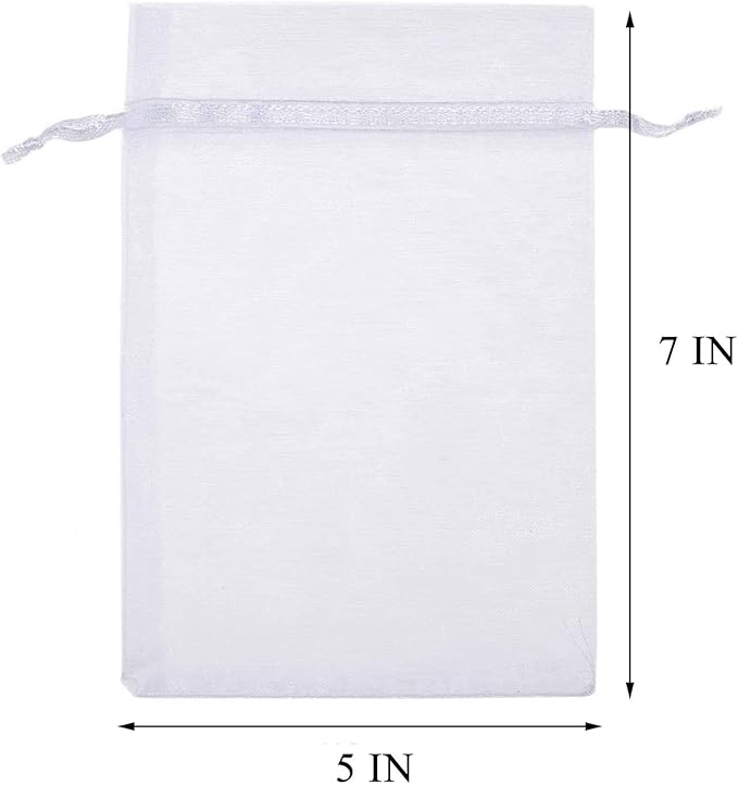 100 Pcs 5x7 inch Gift Wrap Bags, Organza Sheer Clear Tulle Fabric, White Drawstring Sachet for Baby Shower Favor, Birthday Party Favor, Bachelorette Party, Girls Graduation,Small Votive Candles,Marble