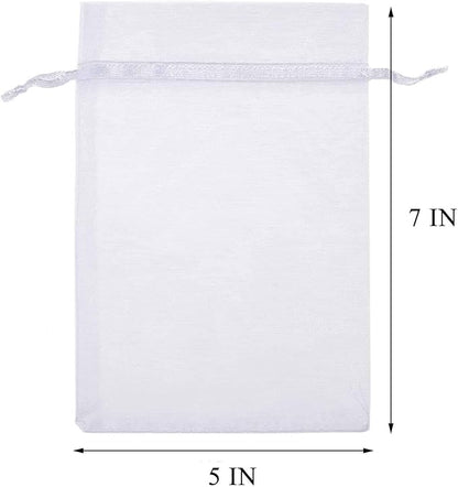 100 Pcs 5x7 inch Gift Wrap Bags, Organza Sheer Clear Tulle Fabric, White Drawstring Sachet for Baby Shower Favor, Birthday Party Favor, Bachelorette Party, Girls Graduation,Small Votive Candles,Marble