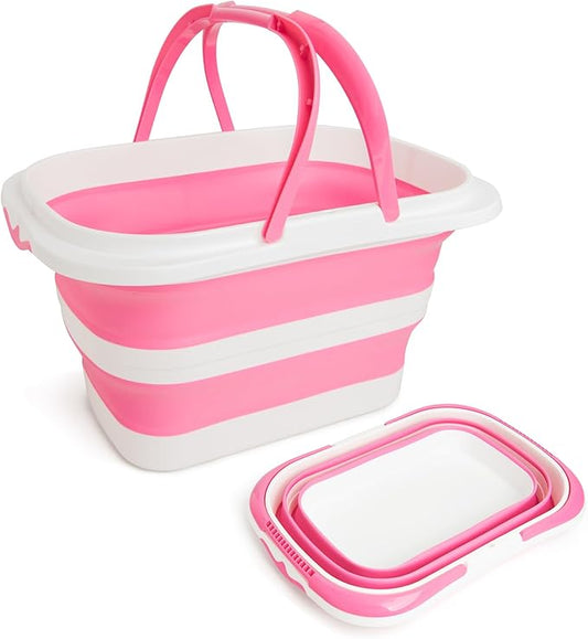 Large Collapsible Bucket for Cleaning, 4.2 Gallon (16L) Silicone Bucket with Handle & Hanging Hole, Foldable Space-Saving Mop Bucket for Home, Storage. Car Wash, Camping, Beach (Pink White)