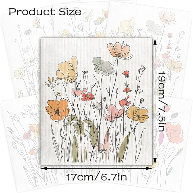 Swedish Dishcloths for Kitchen – 6 Pack Cellulose Reusable Cleaning Paper Towels – Soft, Quick-Drying, Washable Dish Rags for Kitchen, Counters & More (Watercolor Wildflowers)