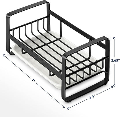 HULISEN Kitchen Sink Sponge Holder, 304 Stainless Steel Kitchen Soap Dispenser Caddy Organizer, Countertop Soap Dish Rack Drainer with Removable Drain Tray, not Including Dispenser and Brush, Black