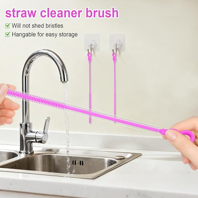 Silicone Straw Cleaner Brush, 4Pcs Reusable Straw Brush Set with Extra-Long Design for Cleaning Thin Metal Straws and Wider Milkshake Straws （6mm+9mm Purple)
