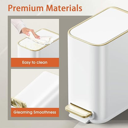 Small Bathroom Trash Can with Lid Soft Close, 5L / 1.3 Gallon Slim Garbage Can with Removable Inner Bucket, Step Stainless Steel Trash Bin for Office, Bathrooms, Bedroom, Living Room (White)