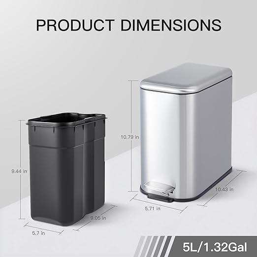 GlowSol Bathroom Trash Can with Lid, 1.3 Gallon 12 L Stainless Steel Step Trash Can with Removable Liner Bucket, Slim Small Wastebasket for Toilet Bedroom Office, Silver