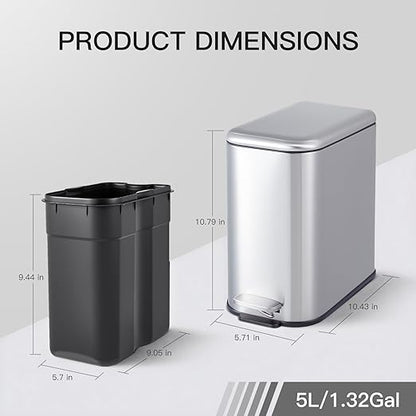GlowSol Bathroom Trash Can with Lid, 1.3 Gallon 12 L Stainless Steel Step Trash Can with Removable Liner Bucket, Slim Small Wastebasket for Toilet Bedroom Office, Silver