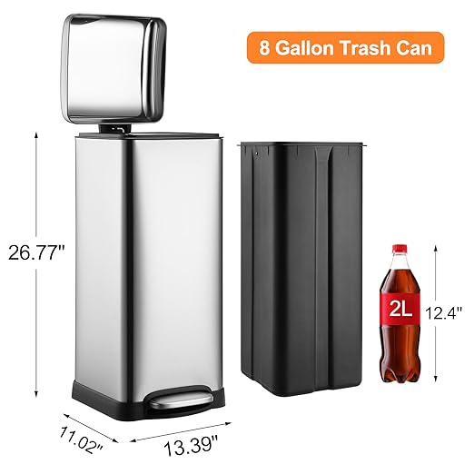 Garvee 8 gal/30 L Kitchen Trash Can, Fingerprint-Proof Stainless Steel Garbage Can with Soft-Close Lid, Recycle Bin with Removable Inner Buckets and Foot Pedal for Office Bedroom Bathroom, Silver