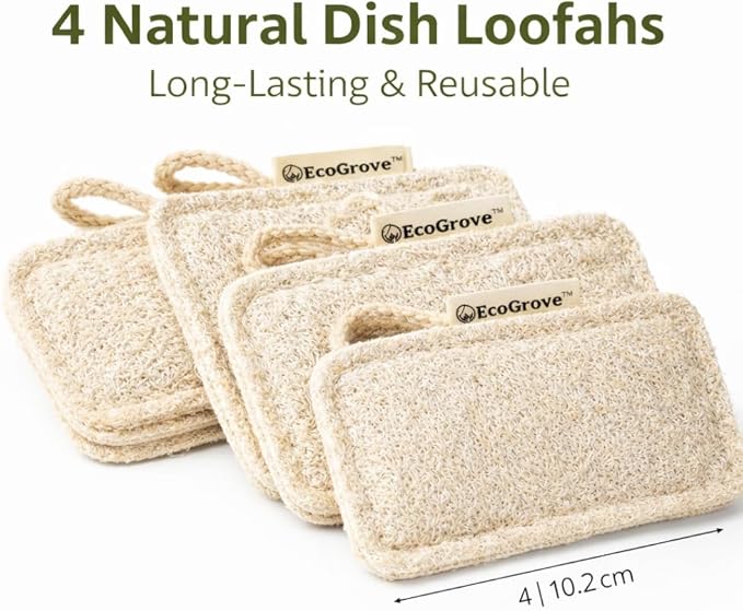 Natural Loofah Dish Sponges 4 Pack – 100% Plant-Based Luffa Scrubber for Dishes, Pots & Nonstick Pans – Compostable, Non-Scratch Kitchen Sponge for Sink, Tile & Everyday Cleaning (Travel)
