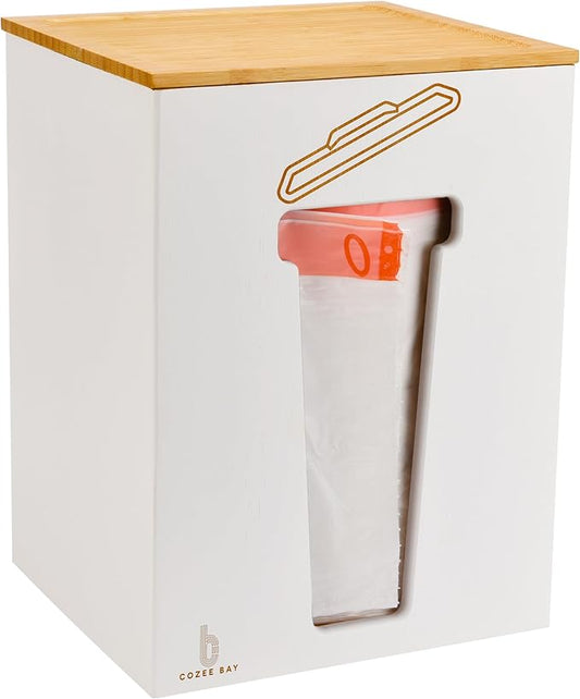 Bamboo Trash Bag Dispenser with Lid, Trash Bag Holder Organizer, Garbage Bag Dispenser for Kitchen Countertop, Under Sink and Wall Mount - Extra Large (White)