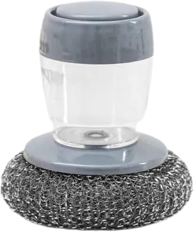 Sakerplus Dish Brush Kitchen Soap Dispensing Palm Brush, Comfort Grip Soap Dispensing Kitchen Scrub, Palm Brush Dish Scrubber with Holder for Kitchen Sink (1, Dark Gray, Steel Wool)