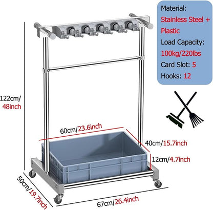 Mop Holder Rack with Rolling Wheels, Industrial Steel Freestanding Broom Storage Utility Cart, Home/Garage/Garden Tool Organizer, Heavy-Duty, Supports up to 220lbs