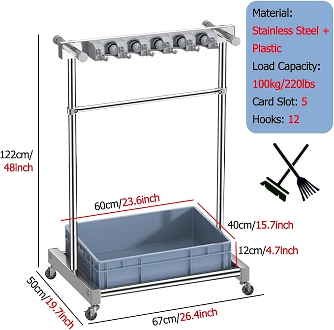 Mop Holder Rack with Rolling Wheels, Industrial Steel Freestanding Broom Storage Utility Cart, Home/Garage/Garden Tool Organizer, Heavy-Duty, Supports up to 220lbs