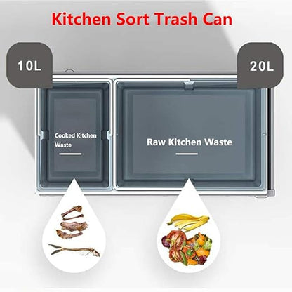 MYOYAY Double Pull Out Under Cabinet Trash Can with Lid 10L + 20L (8 Gallon) Kitchen Cabinet Garbage Can Sliding Out Under Counter Waste Bin, 30 Liters