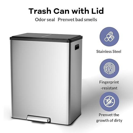 Large Stainless Steel Dual Compartment Recycling Trash Can 60 l/16 Gal Recycle Bins with Lid Waste Bin with Removable Buckets, Bathroom,Kitchen Garbage Can