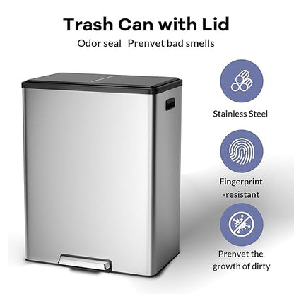 Large Stainless Steel Dual Compartment Recycling Trash Can 60 l/16 Gal Recycle Bins with Lid Waste Bin with Removable Buckets, Bathroom,Kitchen Garbage Can