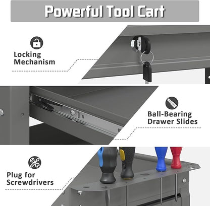 3 Tray Rolling Tool Cart with Drawers, 400 LBS Capacity Mechanic Tool Cart on Wheels, Heavy Duty Utility Cart with Pegboard, Metal Work Cart for Garage and Repair Shop, Grey