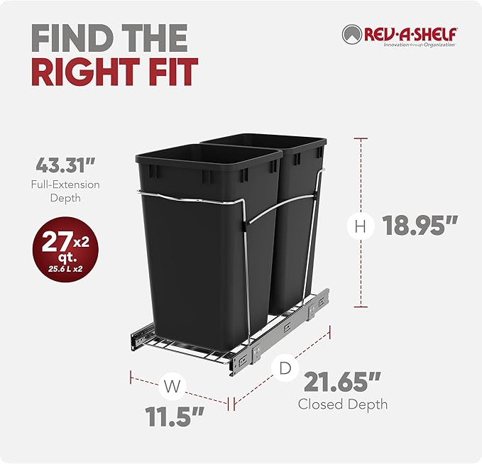 Rev-A-Shelf Double 27 Qt Pullout Trash Can for Base Kitchen Cabinets, Garbage Waste Bin System with Full Extension Slides, Min Opening Width of 11.5", Black, RV-15KD-18C S