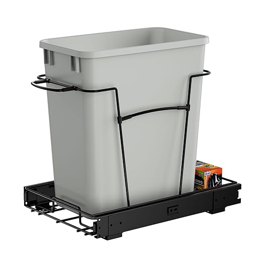Pull Out Trash Can for Kitchen Cabinets, 35 Qt Under Sink Garbage Bin with Full Extension Slides, Fits 13" W x 18" D Opening Cabinets, Heavy-Duty Black Steel Organizer (Trash Can Not Included)