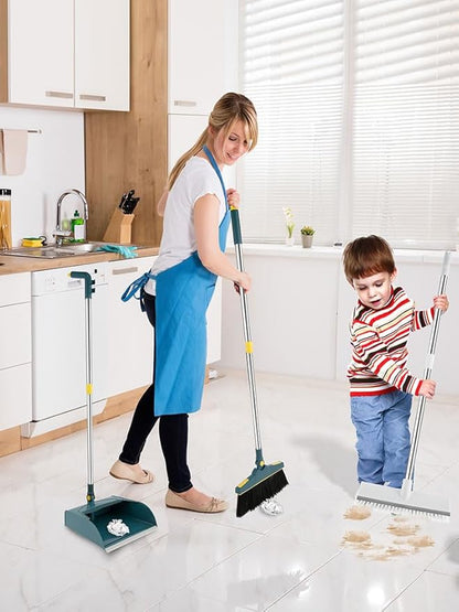 4Pcs Broom and Dustpan Set with Floor Squeegee Rectangular Brush Retractable Upright Broom Dustpan Squeegee Rectangular Brush Combo Set with Long Stainless Steel Handle for Living Room Kitchen Office