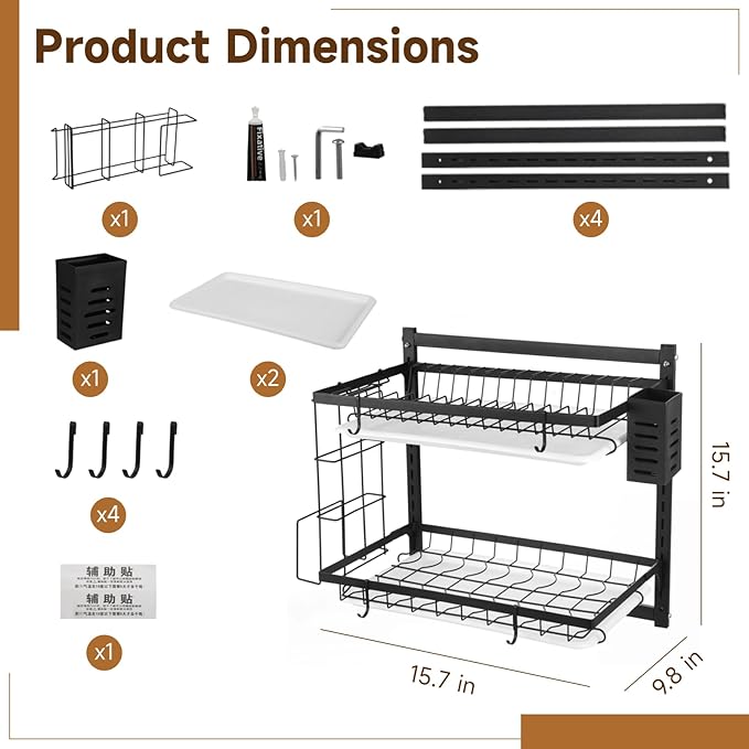 OMISTAR 2 Tier Wall Mounted Dish Rack, Large Capacity Hanging Dish Drying Rack Adjustable Heights, Carbon Steel Frame with Cutting Board Holder, Utensil Holder for Kitchen, Black
