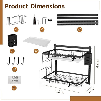 OMISTAR 2 Tier Wall Mounted Dish Rack, Large Capacity Hanging Dish Drying Rack Adjustable Heights, Carbon Steel Frame with Cutting Board Holder, Utensil Holder for Kitchen, Black
