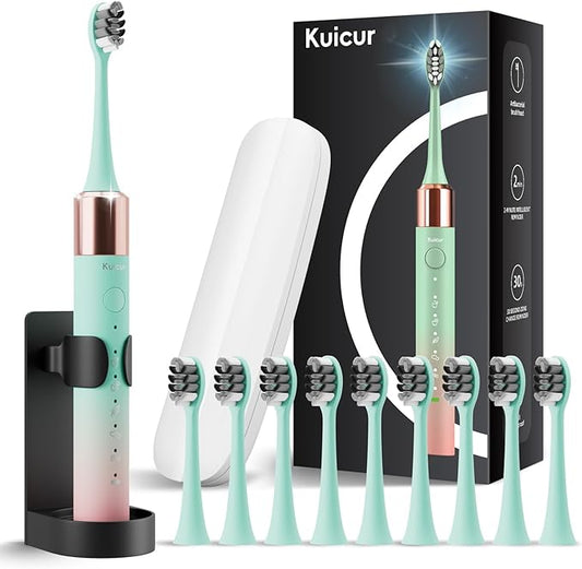 Kuicur Portable Electric Soft Toothbrush with Travel Case, 90-Day Largest Battery Life, 10 Brush Heads, 5 Modes Deep Clean, Ergonomically-Designed for Enhanced Comfort - Ideal Gift for Adults & Kids