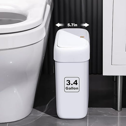 funest Bathroom Small Trash Can with Lid, 13 Liter/3.4 Gallon Slim Garbage Bin with Press Top Lid, White Wastebasket for Bedroom, Office, Kitchen, RV