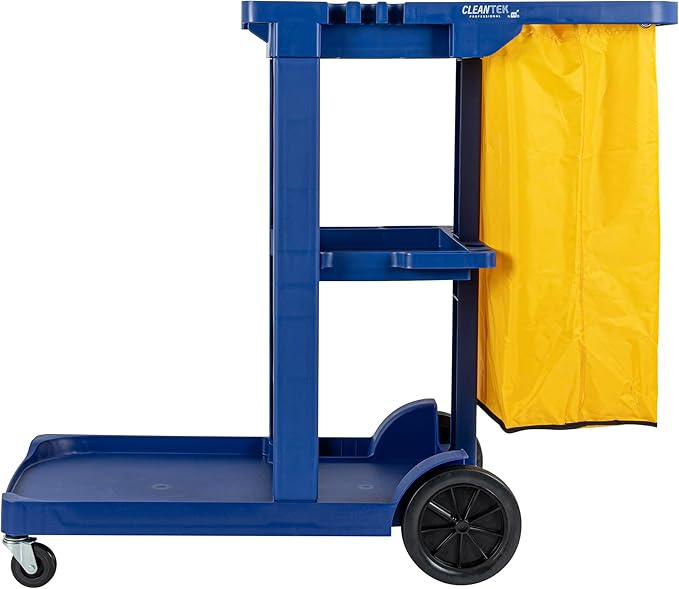 Restaurantware-Clean Tek Professional Janitor Cart with Wheels, 1 Cleaning Trolley with 18 Gallon Bag - 3 Shelves, Heavy-Duty, Blue Plastic Commercial Janitorial Cart, for Restaurants