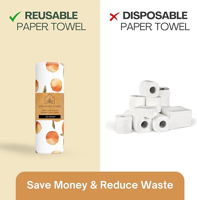 Reusable Paper Towels (12"x10”) - Soft Absorbent 100% Washable Paper Towels - Reusable Paper Towels Washable w/Cardboard Roll - Reusable Napkins (Satsumas - 24 piece, 12x10inch)