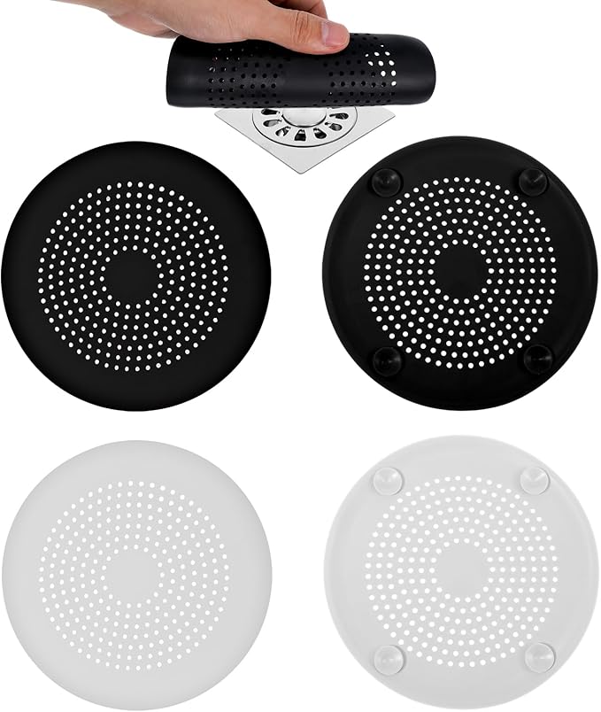 4Pcs Silicone Drain Covers Round Hair Drain Catcher with Suction Cup Shower Drain Hair Catcher Hair Stopper Shower Drain Covers for Shower Drains Bathroom Kitchen Bathtub Sink Easy to Install andClean