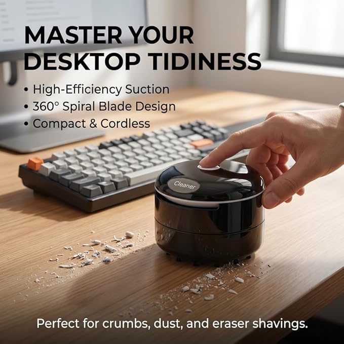 Desktop Vacuum Cleaner, Mini Portable Battery Powered Desktop Dust & Crumbs Sweeper for Keyboard, Desk, Home, Office and Car Cleaning, Black