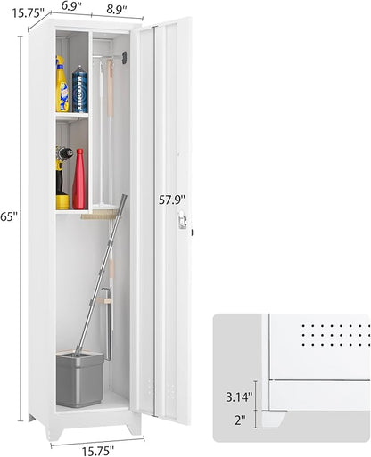Broom Closet Storage Cabinet,65" H Slim Tool Cabinets with Locking Door and 2 Shelves,Utility Cabinet with Hanging Rod and Hooks for Home Office,White
