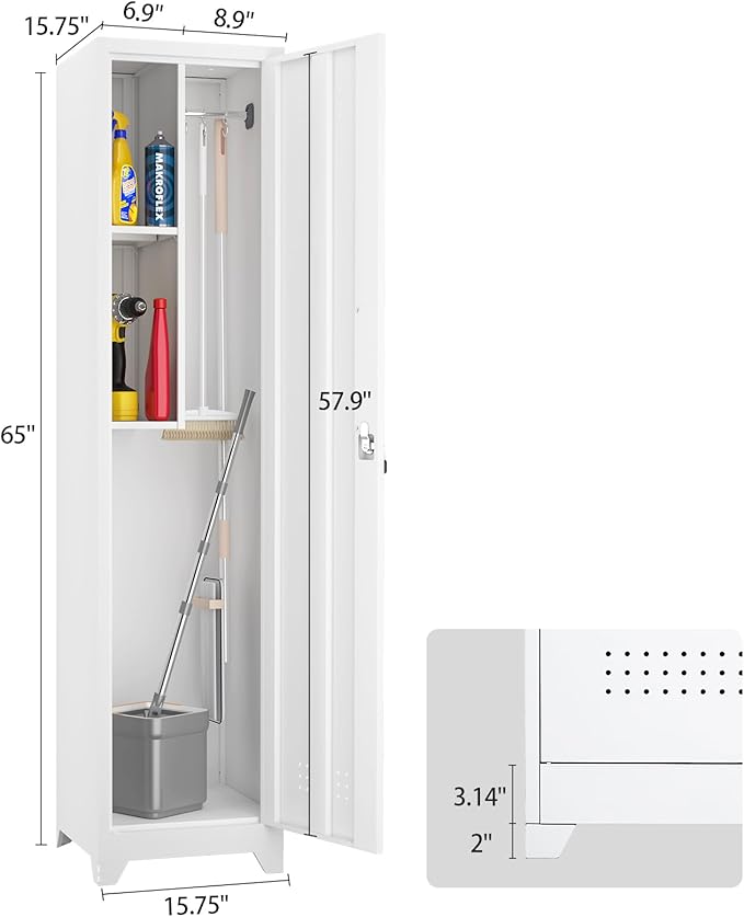 Broom Closet Utility Storage Cabinet with Locking Door and 2 Shelves, 65" H Slim Tool Cabinet for Broom and Mops, with Hanging Rod and Hooks for Home Office,White