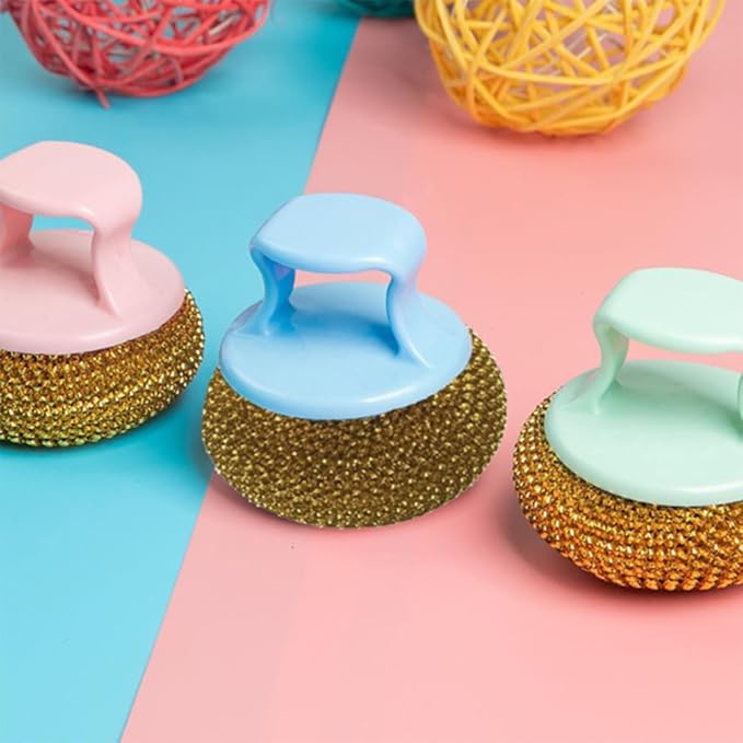 Stainless Steel Dish Scrubber Pot Brush Can Be Disassembled and Washed, Kitchen Cleaning Ball Does ，Not Damage Pot Strong Cleaning Brush (Blue Handle Steel Wire Ball)