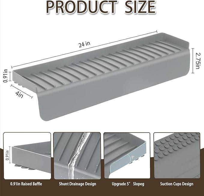 Silicone Sink Edge Protector with Suction Cup 4" x 24",Kitchen Sink Splash Guard for Kitchen, Bathroom Sink, Steel, Granite, Quartz Countertops,Multifuctional Sink Accessories (Gray)